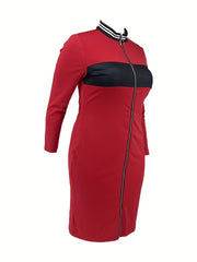 Colorblock Zipper Long Sleeve Bodycon Midi Dress