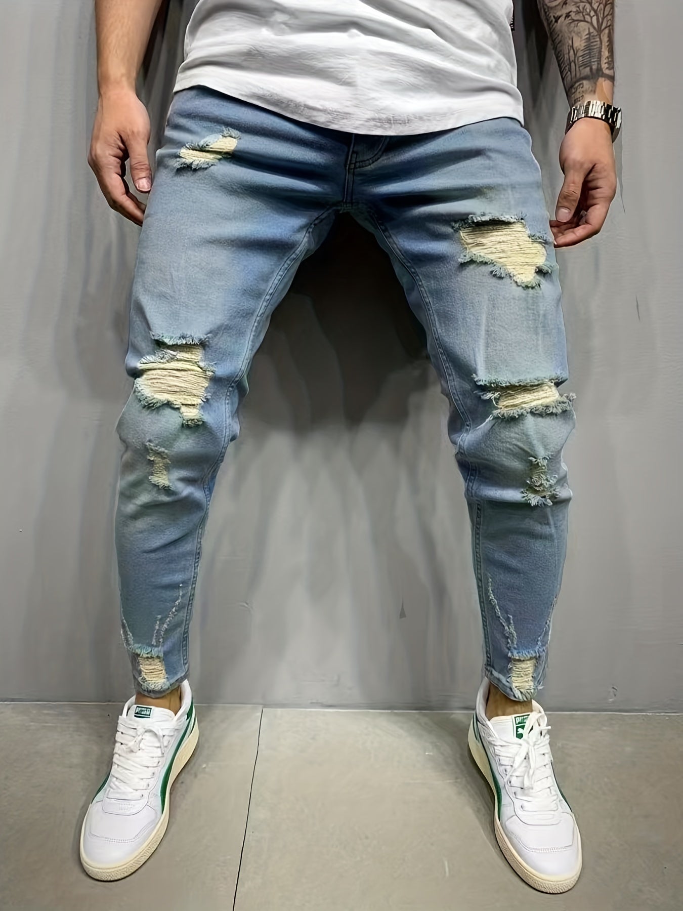 Slim Fit Ripped Cotton Jeans Men's Casual Street Style Distressed Denim Pants