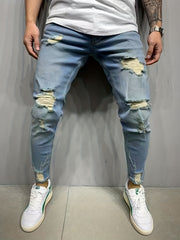 Slim Fit Ripped Cotton Jeans Men's Casual Street Style Distressed Denim Pants