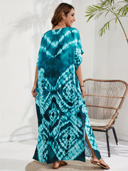 Boho Cover Up Tie Dye Batwing Sleeve V Neck Kaftan Beach Dress