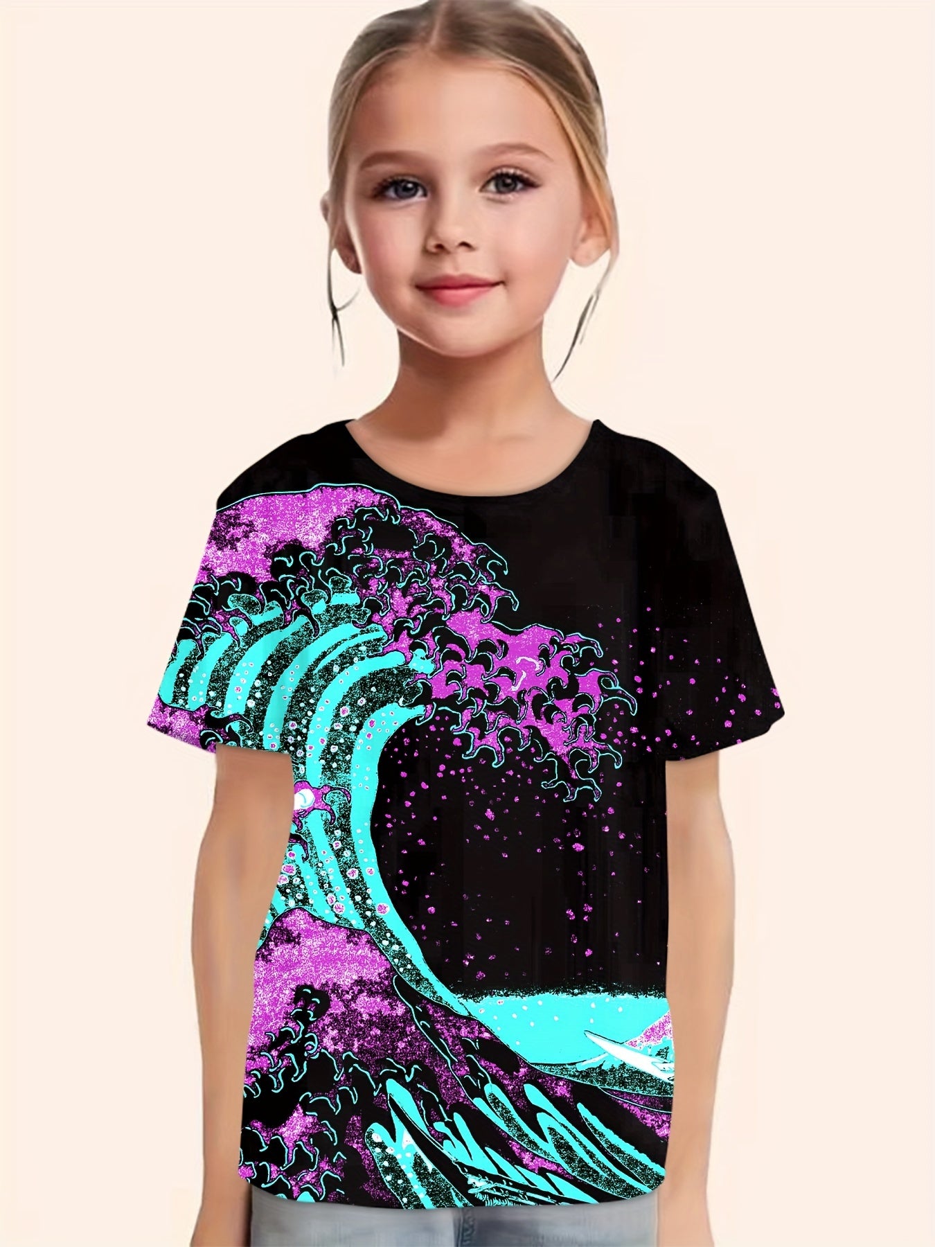 Sea Wave Print Short Sleeve T shirt Girls Comfy Pullover