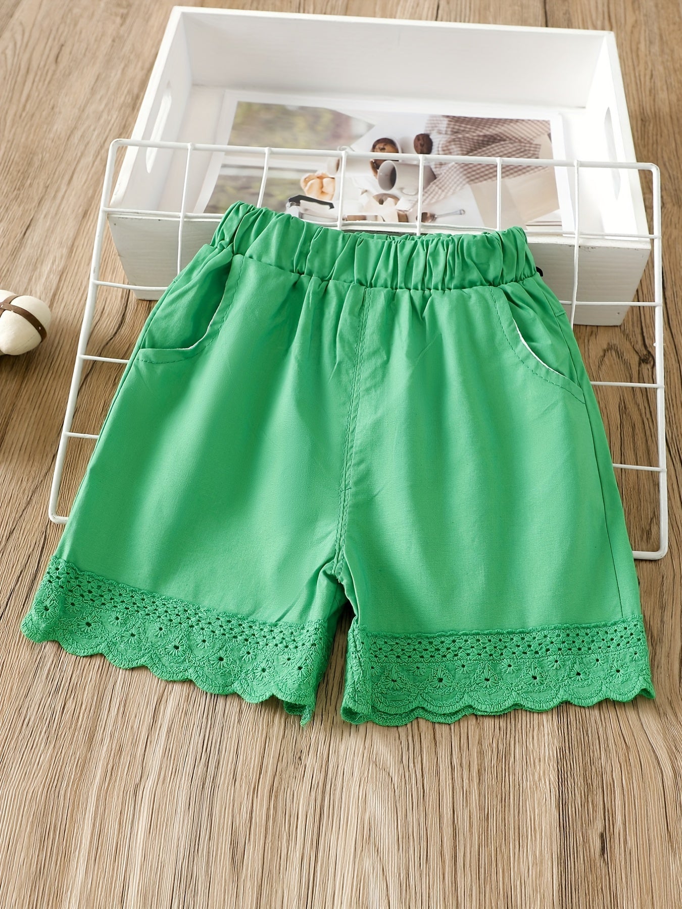 2PCS Toddler Girls Lace Trim Elastic Waist Bow Pocket Casual Shorts