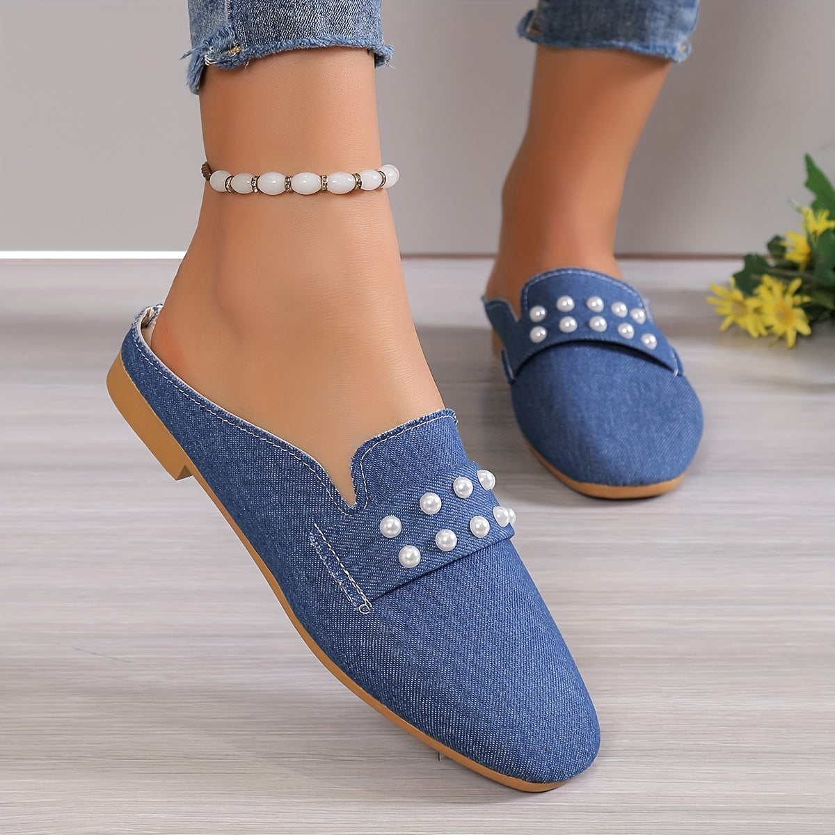 Women's Faux Pearl Flat Shoes Pointed Toe Slip On Denim Loafers