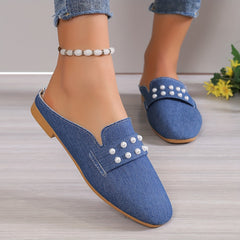 Women's Faux Pearl Flat Shoes Pointed Toe Slip On Denim Loafers