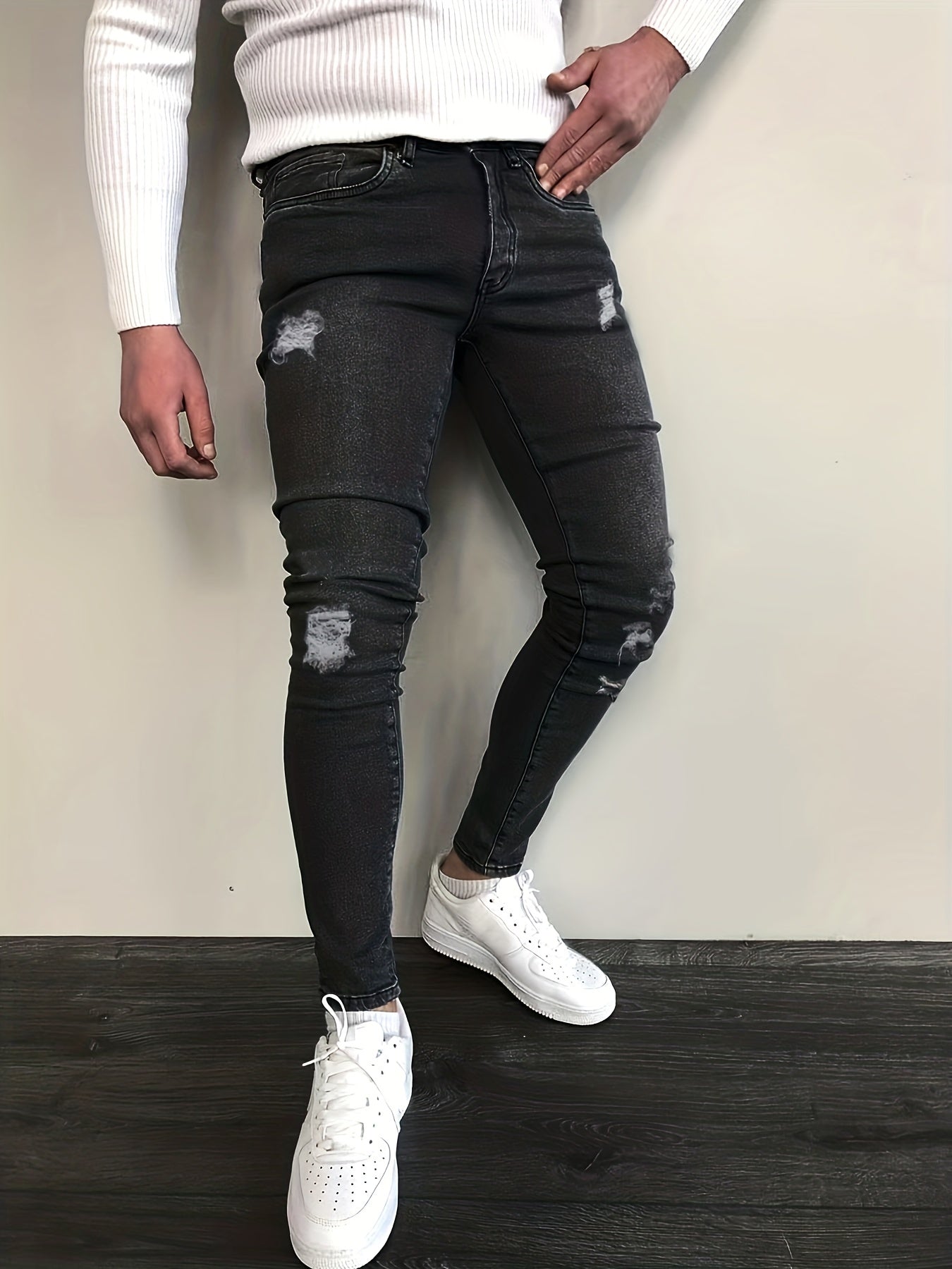Slim Fit Ripped Cotton Jeans Men s Casual Street Style Solid Distressed Mid