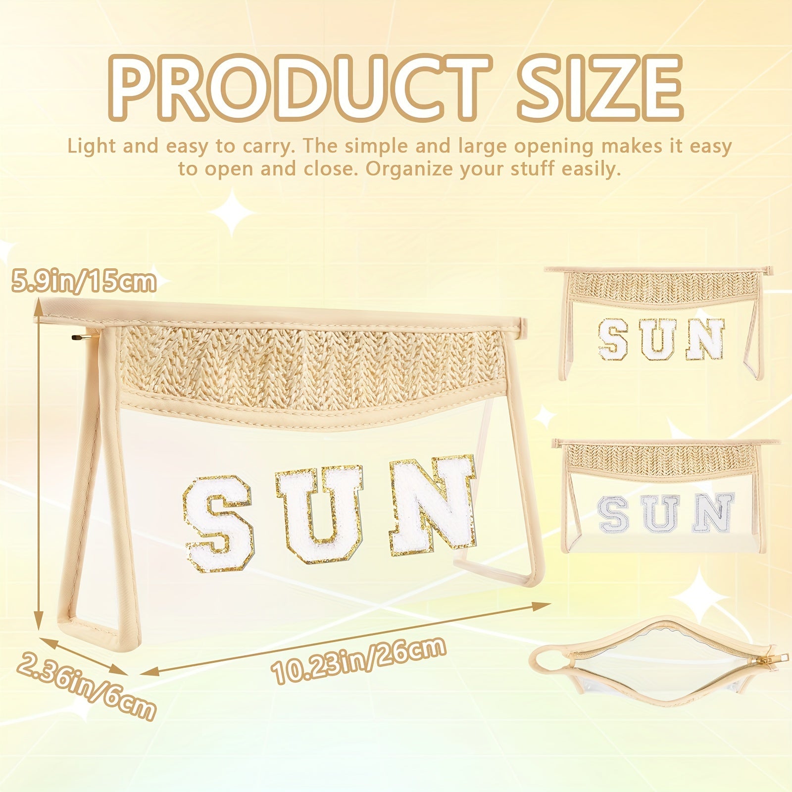 Boho Sun Bag with Clear Patch and Zipper for Makeup, Travel and Cosmetics