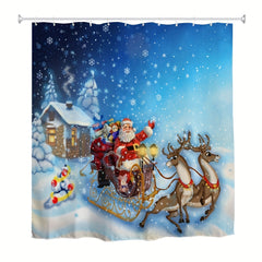 Christmas Shower Curtain Set Santa Reindeer Snowman Print Toilet Seat Cover