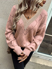 Colorblock Pointelle Long Sleeve V Neck Sweater