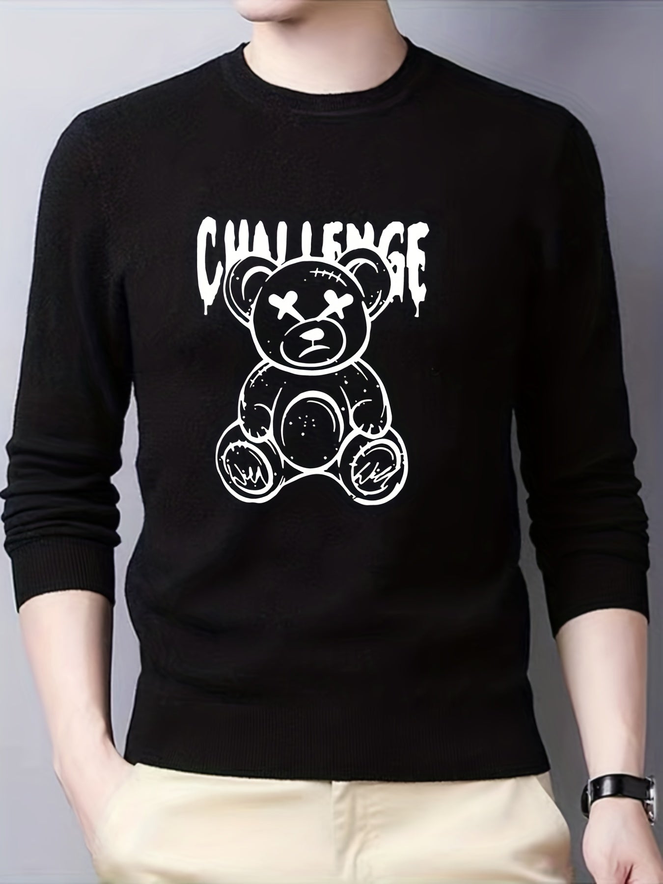Cartoon Teddy Bear Print Knitted Sweater Men's Casual Warm Pullover