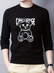 Cartoon Teddy Bear Print Knitted Sweater Men's Casual Warm Pullover