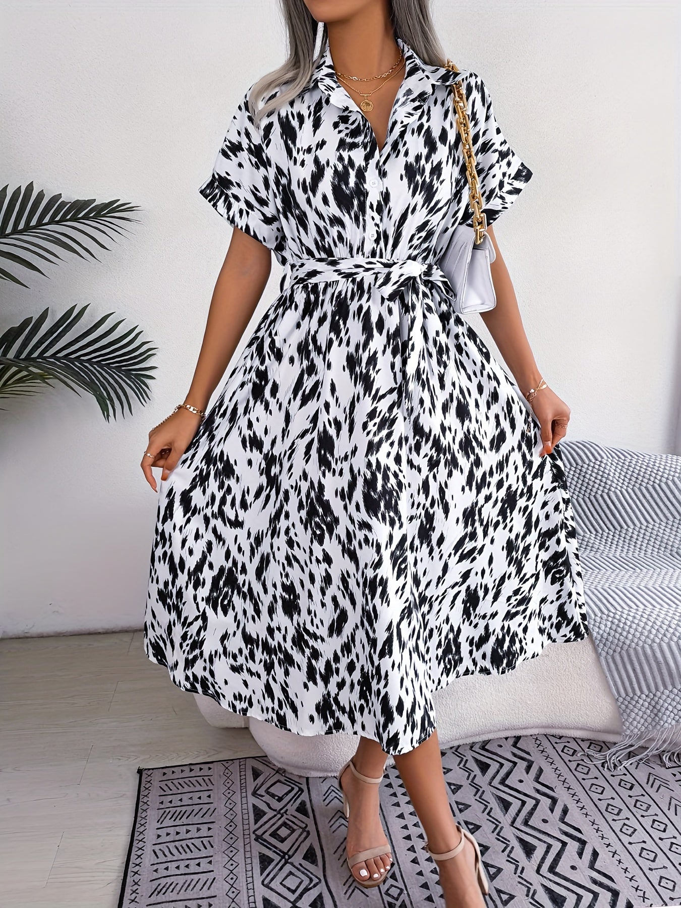 Allover Print Midi Dress Button Front Short Sleeve Women's Clothing
