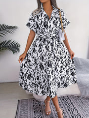 Allover Print Midi Dress Button Front Short Sleeve Women's Clothing