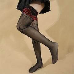 Flame Print Fishnet Thigh High Stockings Lace Trim Over The Knee Socks