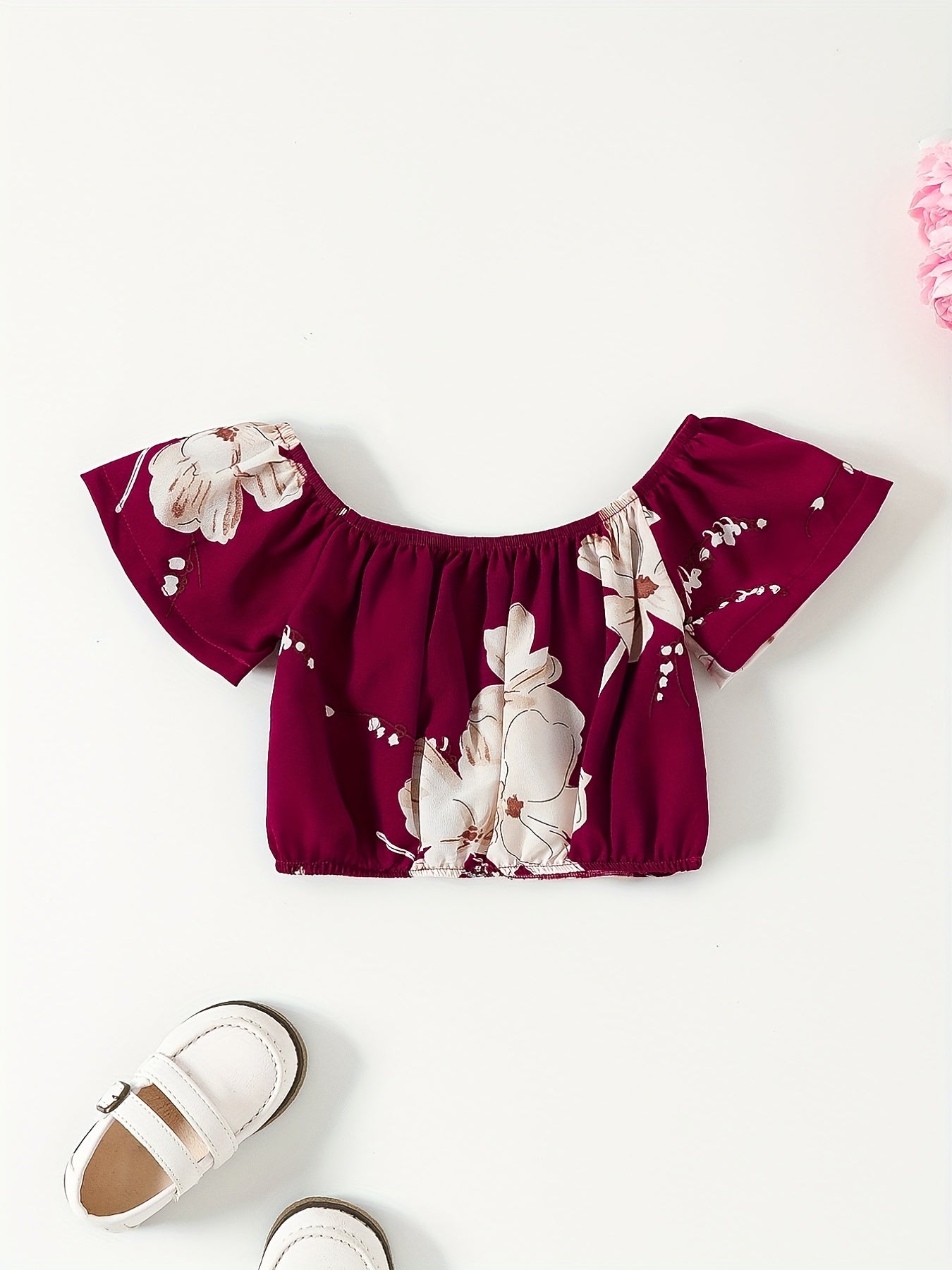 Girls Flower Graphic Off Shoulder Top & Shorts Set For Summer