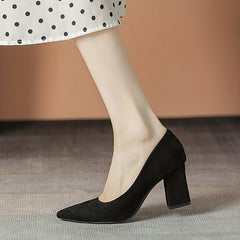 Suede Block Heels Pointed Toe Pumps