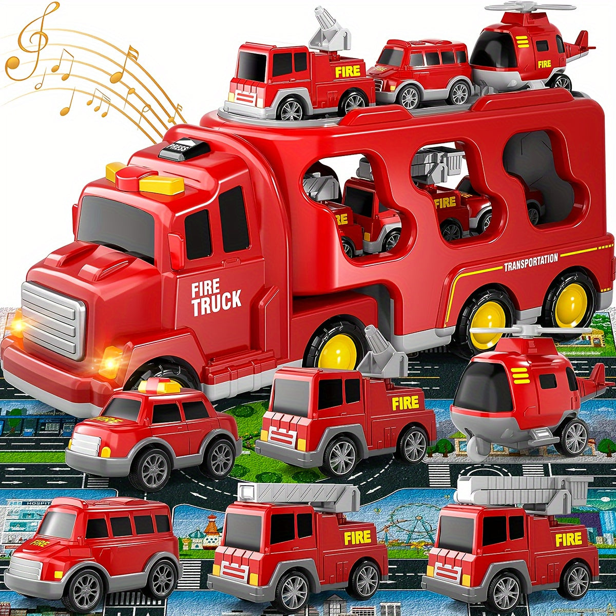 Fire Truck Set: 5 Large Double Decker, 4 Small Extinguishers, 1 Urban Vehicle