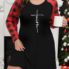 Plus Size Casual Loungewear Dress Women's Plus Letter Print Plaid Raglan Sleeve