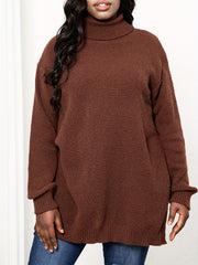 Turtle Neck Knit Side Slit Sweater Women's Plus Solid High Stretch