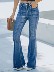Casual Jeans Women's Plus Washed Pipping Button Fly High Stretch Flare