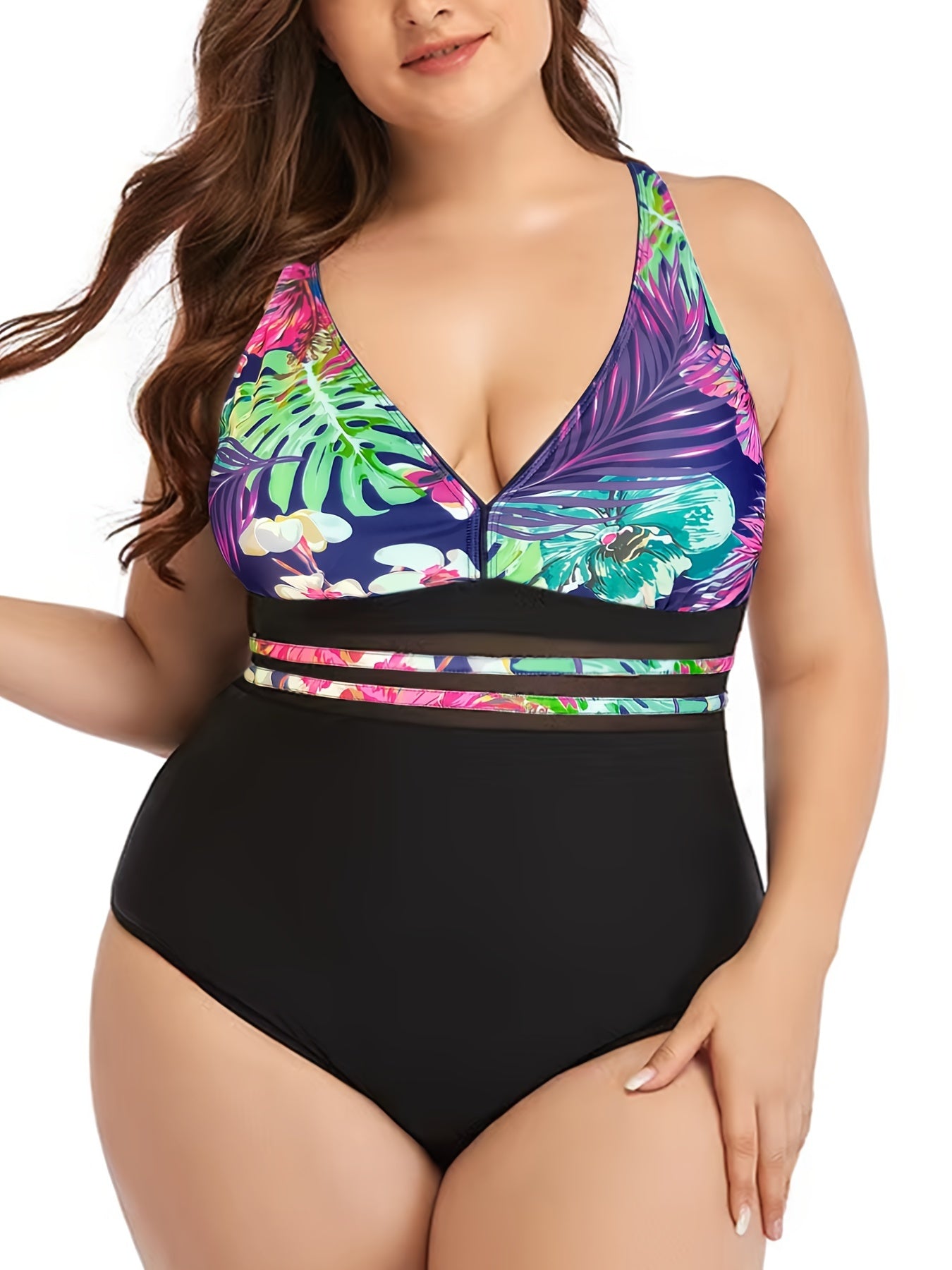 Tropical Print V Neck One Piece Swimsuit Women's