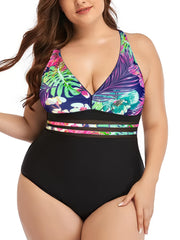 Tropical Print V Neck One Piece Swimsuit Women's