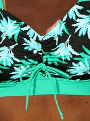 Vacay Bikini Set Plus Size Women's Tropical Print Bow Front Ruched Swimsuit