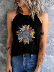 Colorblock Flower Print Top Halter Neck Summer Sleeveless Top