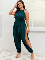Casual Jumpsuit Round Neck Elastic Stretch Self Tie Jumpsuit