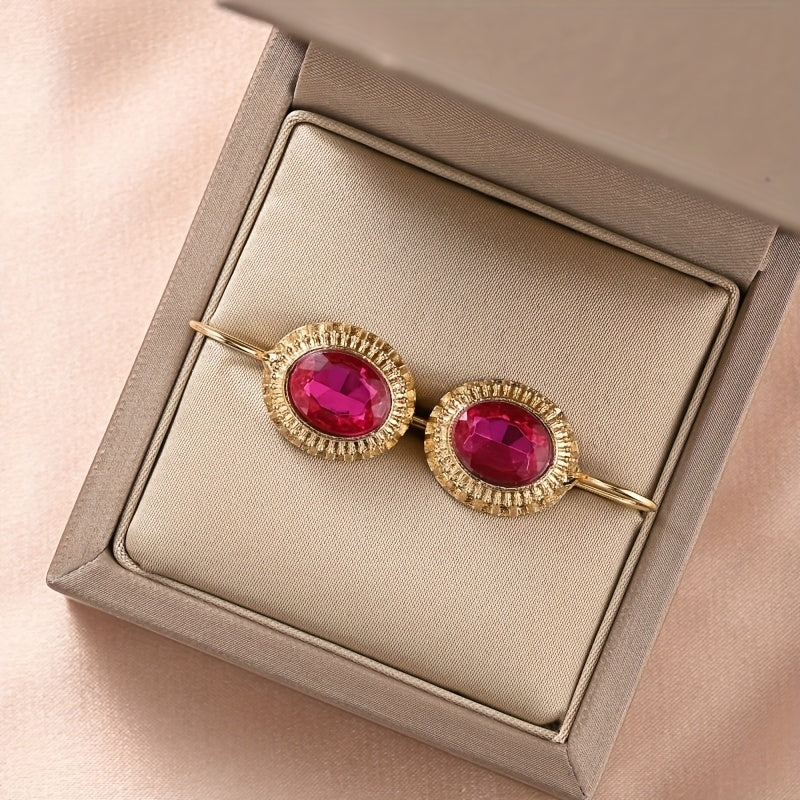2pcs Red Oval Pattern Earrings Retro Noble Men Women Daily Accessories
