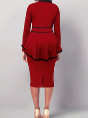 Two Piece Set Long Sleeve Keyhole Tops & Skirt Outfit
