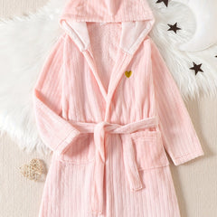 Kid's Heart Embroidery Flannel Bathrobe PJ Coral Fleece Loungewear