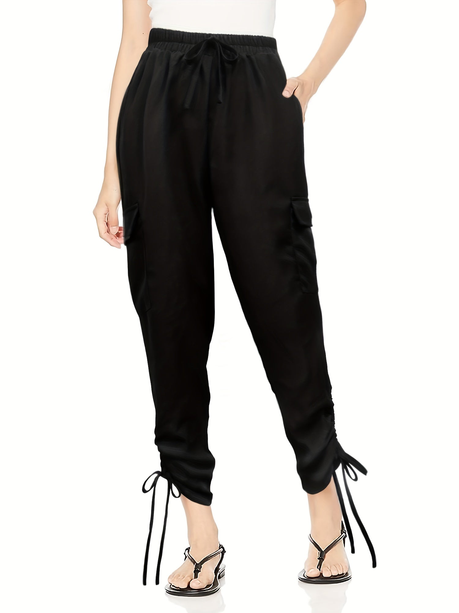 Flap Pockets Drawstring Ruched Pants Casual Pants