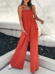 Wide Leg Sleeveless Jumpsuit Solid Shirred Spaghetti