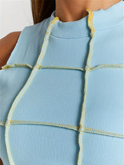 Plaid Stitching Tank Top Slim Fit Collared Sports Crop Top Women's Activewear