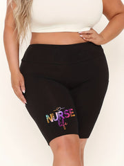 Women's Plus Graphic & Letter Print High Rise Skinny Fitness Shorts