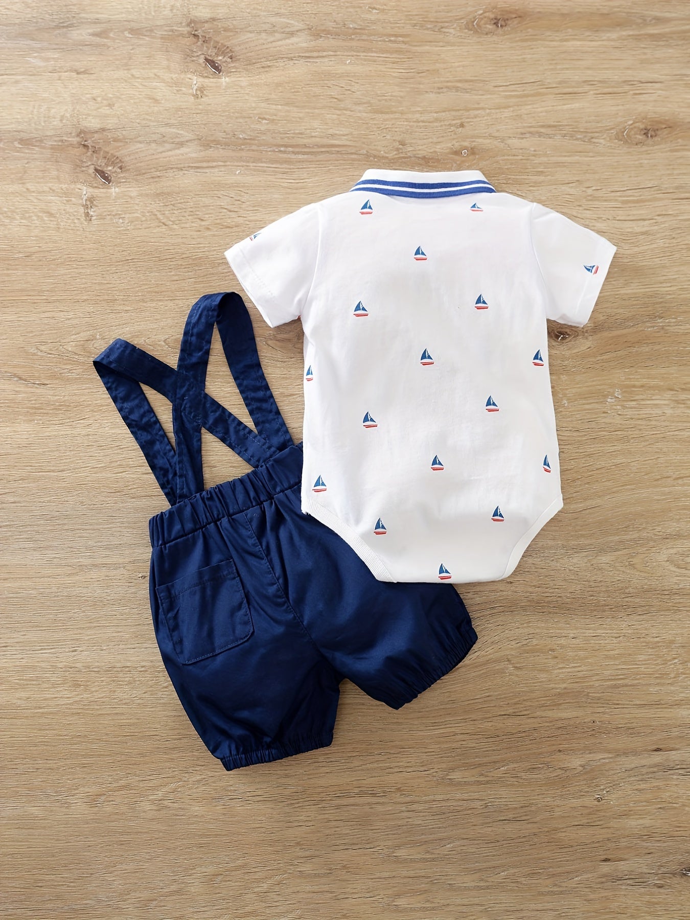Baby Boys Sailboat Print Short Sleeve Onesie & Suspender Shorts Set