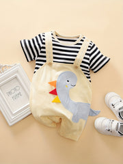 Newborn Dino Embroidered Suspender Romper Cotton Stripe Jumpsuit