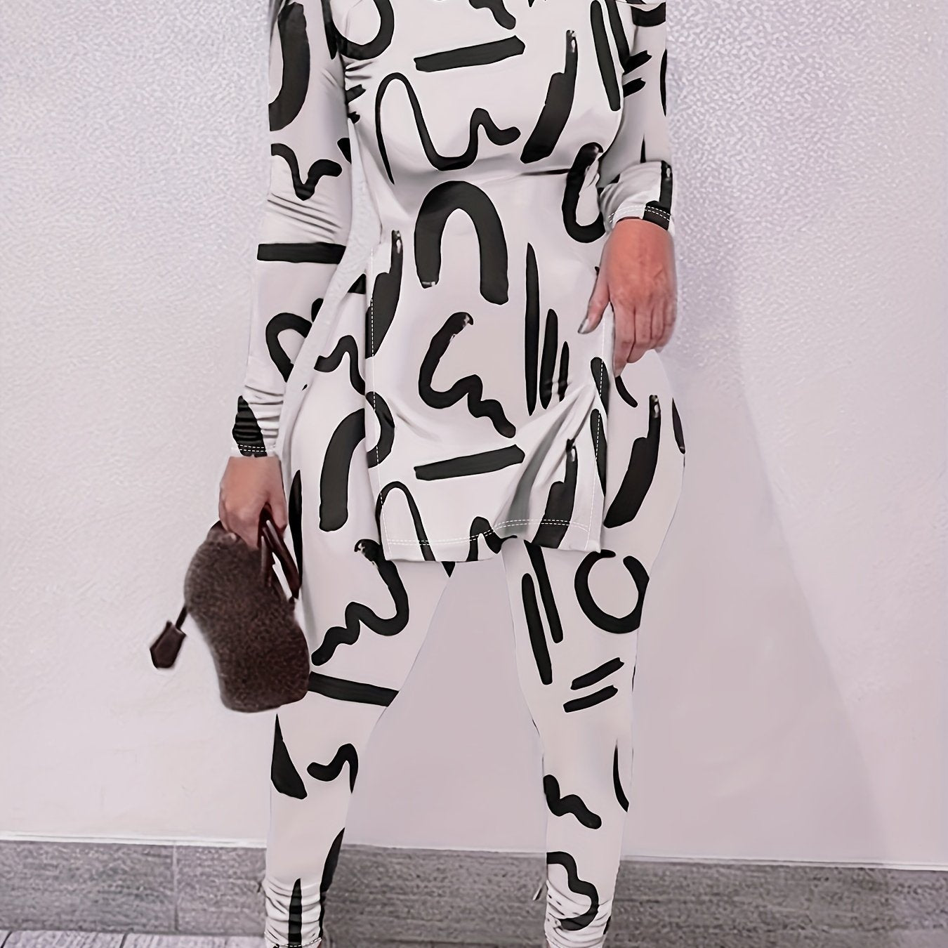 Abstract Print Two Piece Set Slanted Shoulder Split Tops & Slim Pants