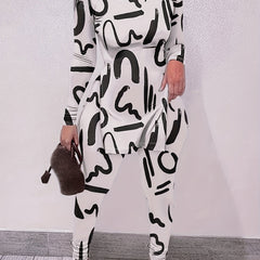 Abstract Print Two Piece Set Slanted Shoulder Split Tops & Slim Pants