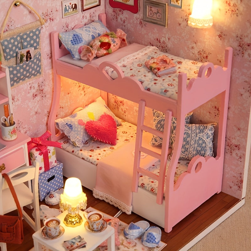 DIY Pink Bedroom Model House Kit with Furniture Set - Creative Gift
