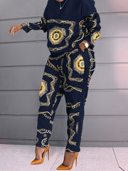 Geometric Print 2pcs Set, Long Sleeve Tops & Pants