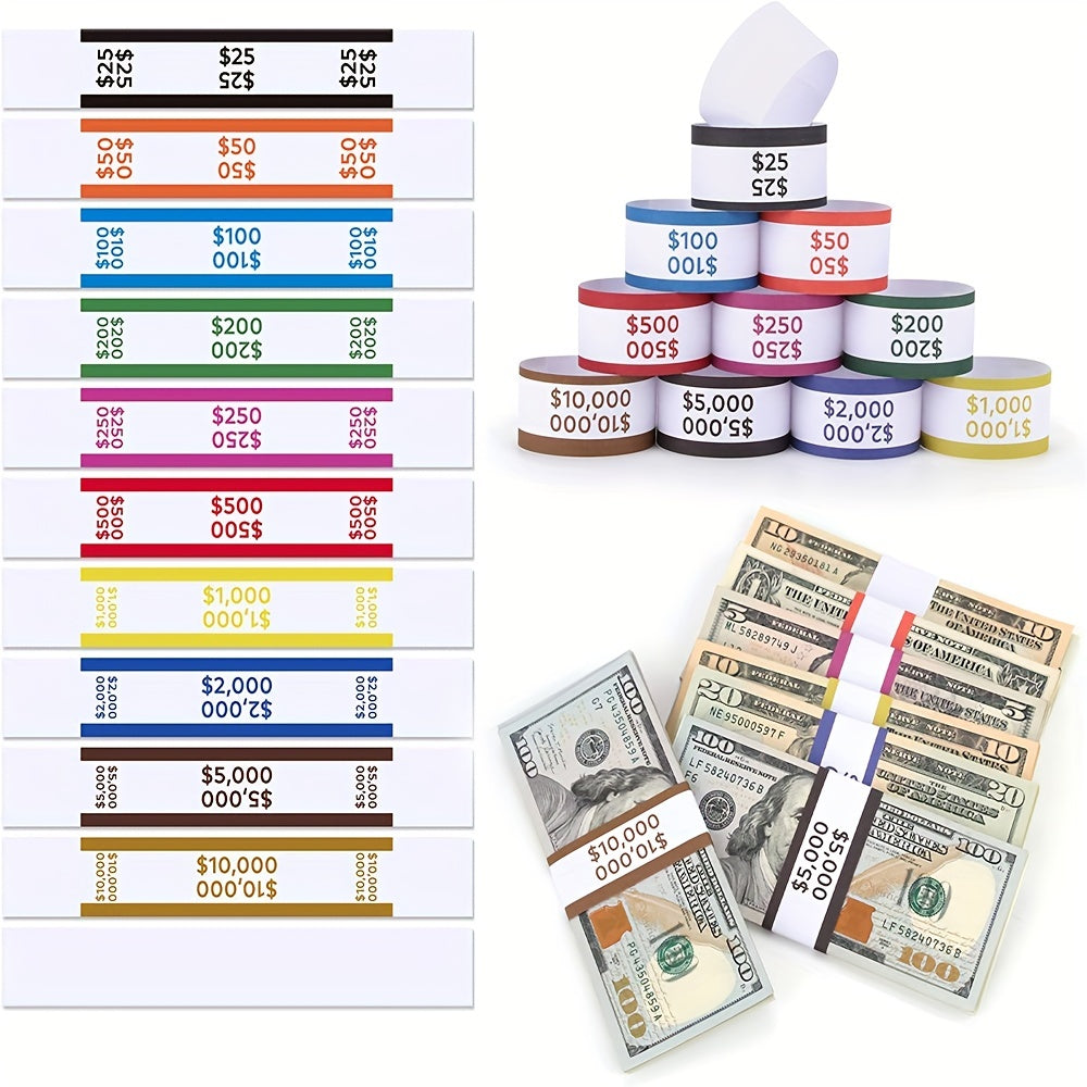 100 Self Sealing Currency Straps Money Bands Colorful Bill Wrappers
