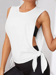 Solid Round Neck Side Cut Out Tie Stretch Tank Top