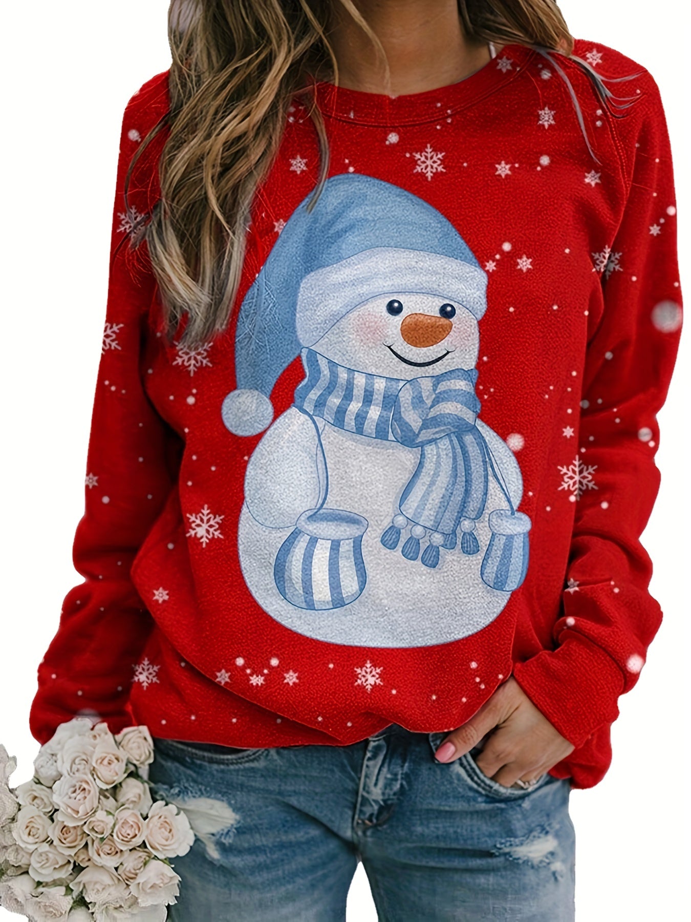 Snowman Print Crew Neck Pullover Sweatshirt for Women
