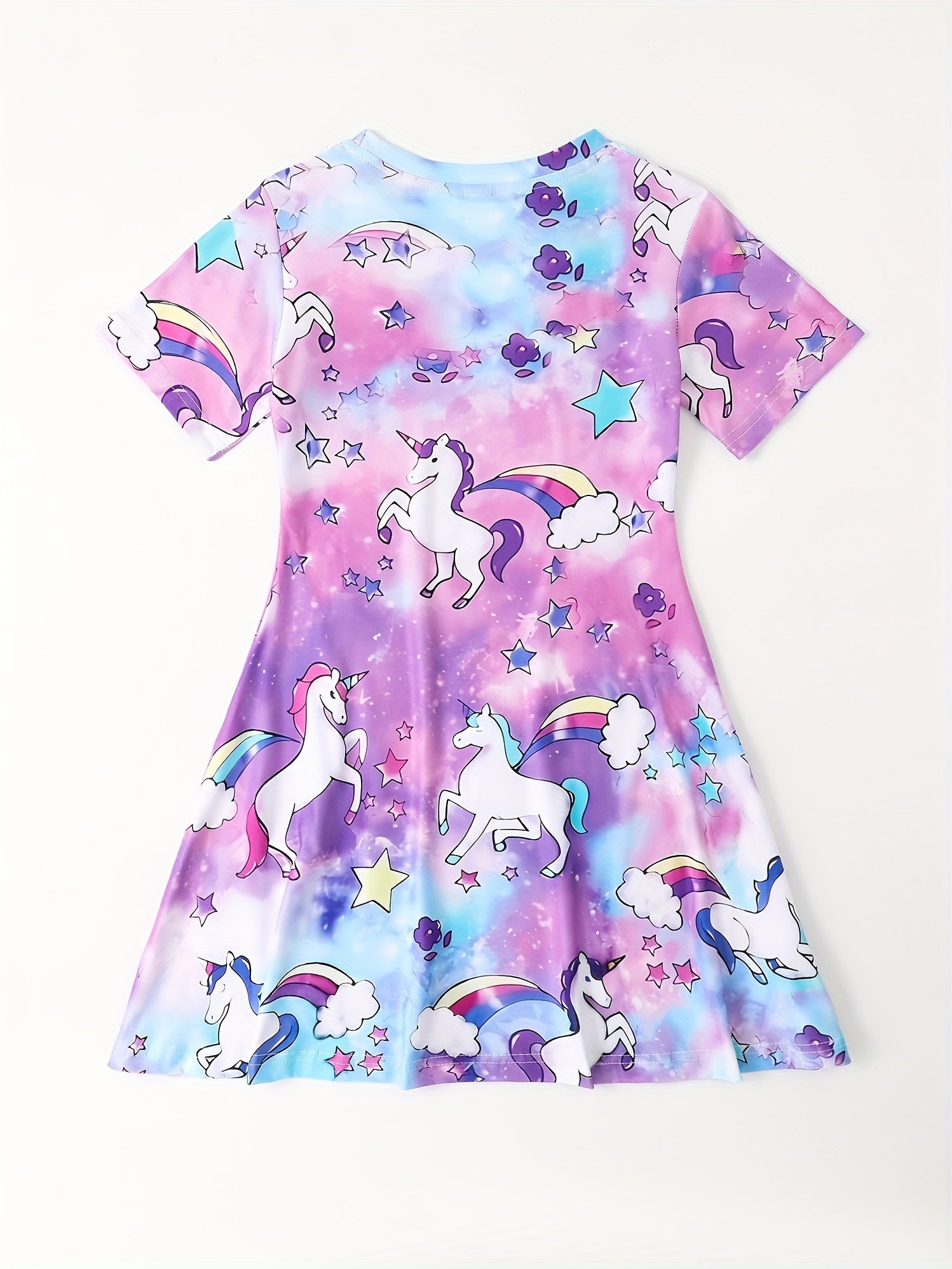3D Unicorn & Starry Sky Graphic Short Sleeve Dress Girls Comfy Dresses