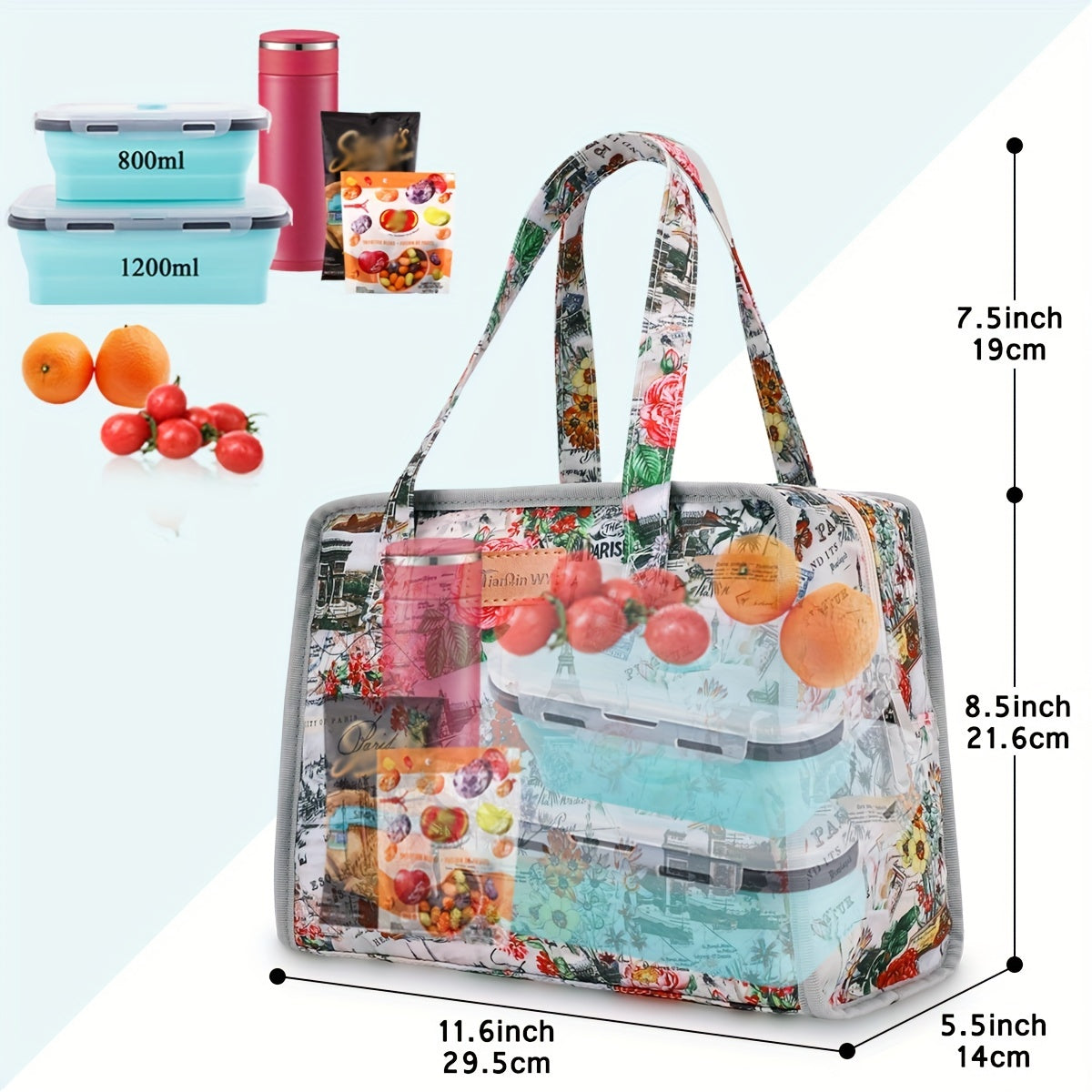 Portable Insulated Picnic Bag Floral Print Keeps Food Fresh