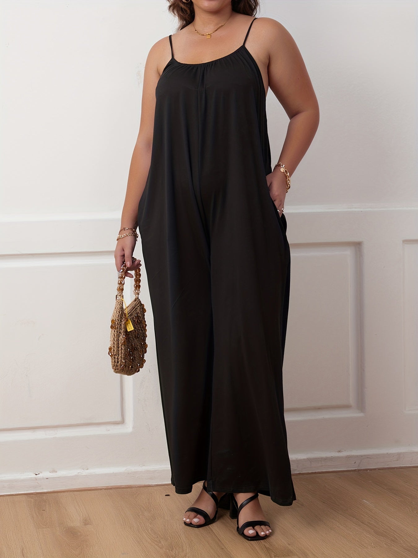 Solid Ruched Wide Leg Cami Jumpsuit With Pockets