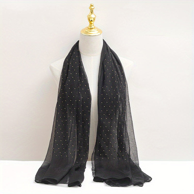 Rhinestone Decor Crinkle Scarf Hijab Solid Shawl Windproof Head Wrap