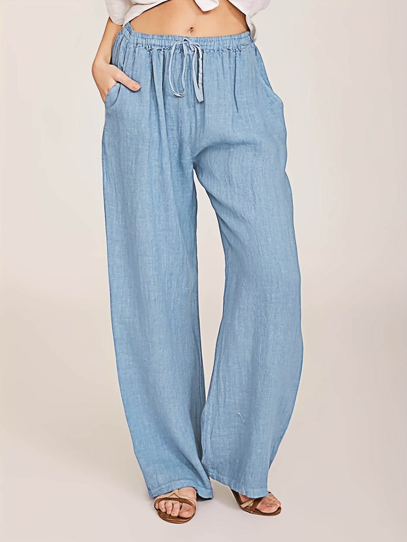 Wide Leg Pants Drawstring Pockets Women's Clothing