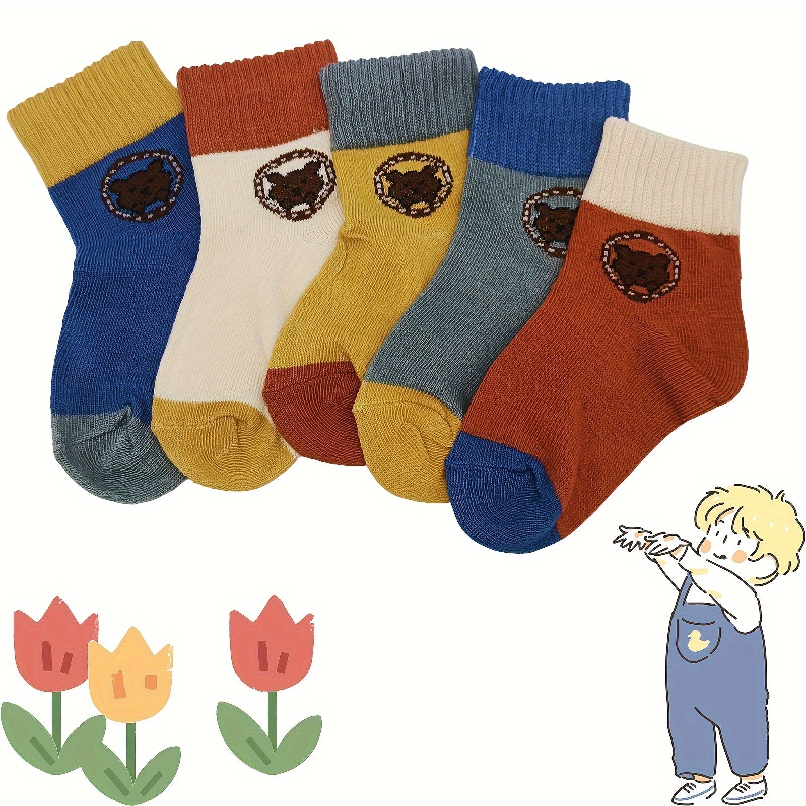 5 Pairs Cartoon Bear Pattern Crew Socks for Boys - Breathable Casual Style